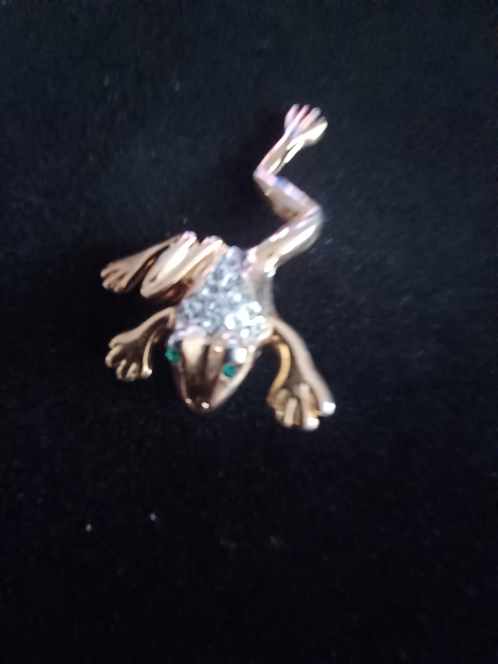 Gold Tone Frog Brooch with Clear Crystals and Green Eyes